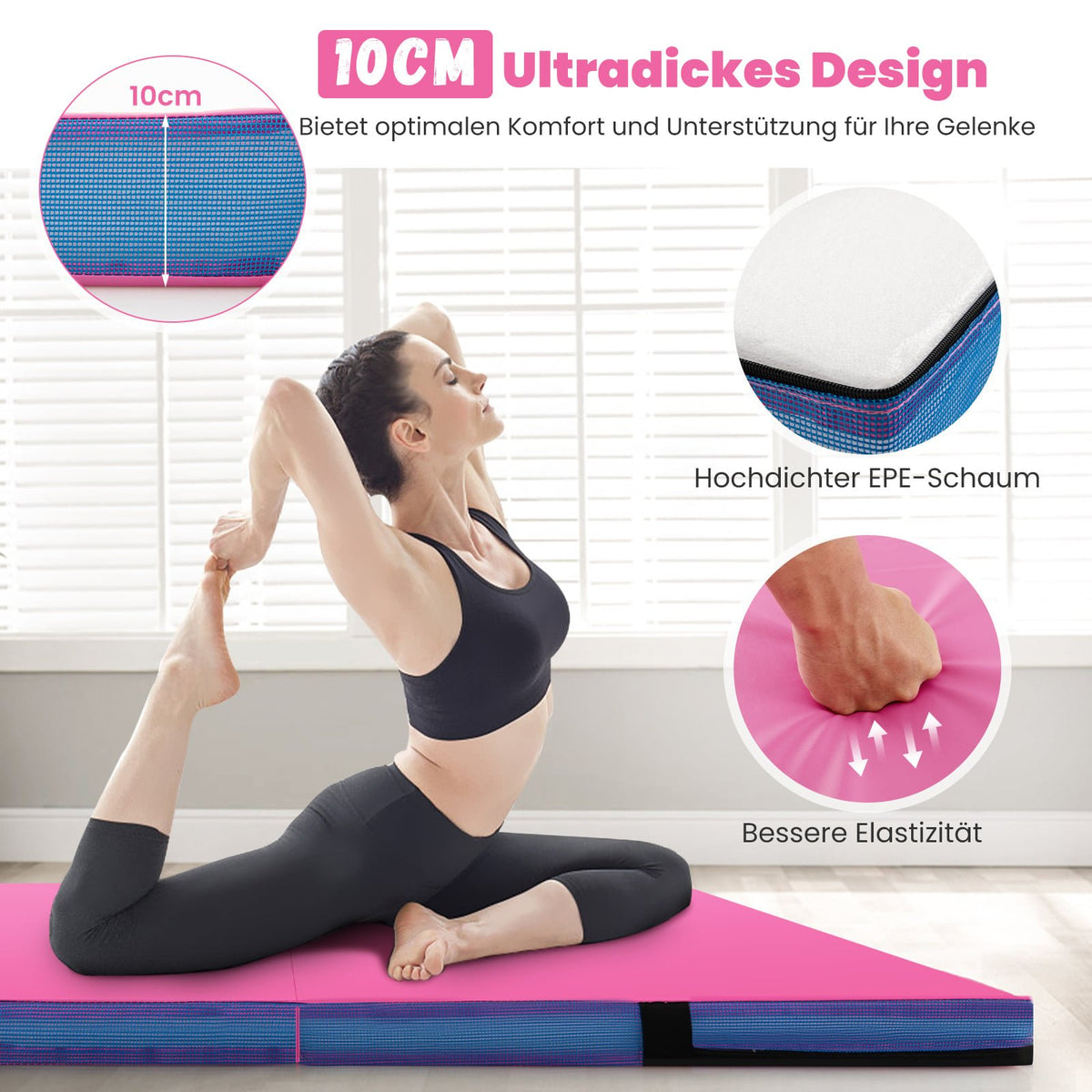 Folding Gymnastics Mat, 122x122x10 cm, Pink, EPE Foam