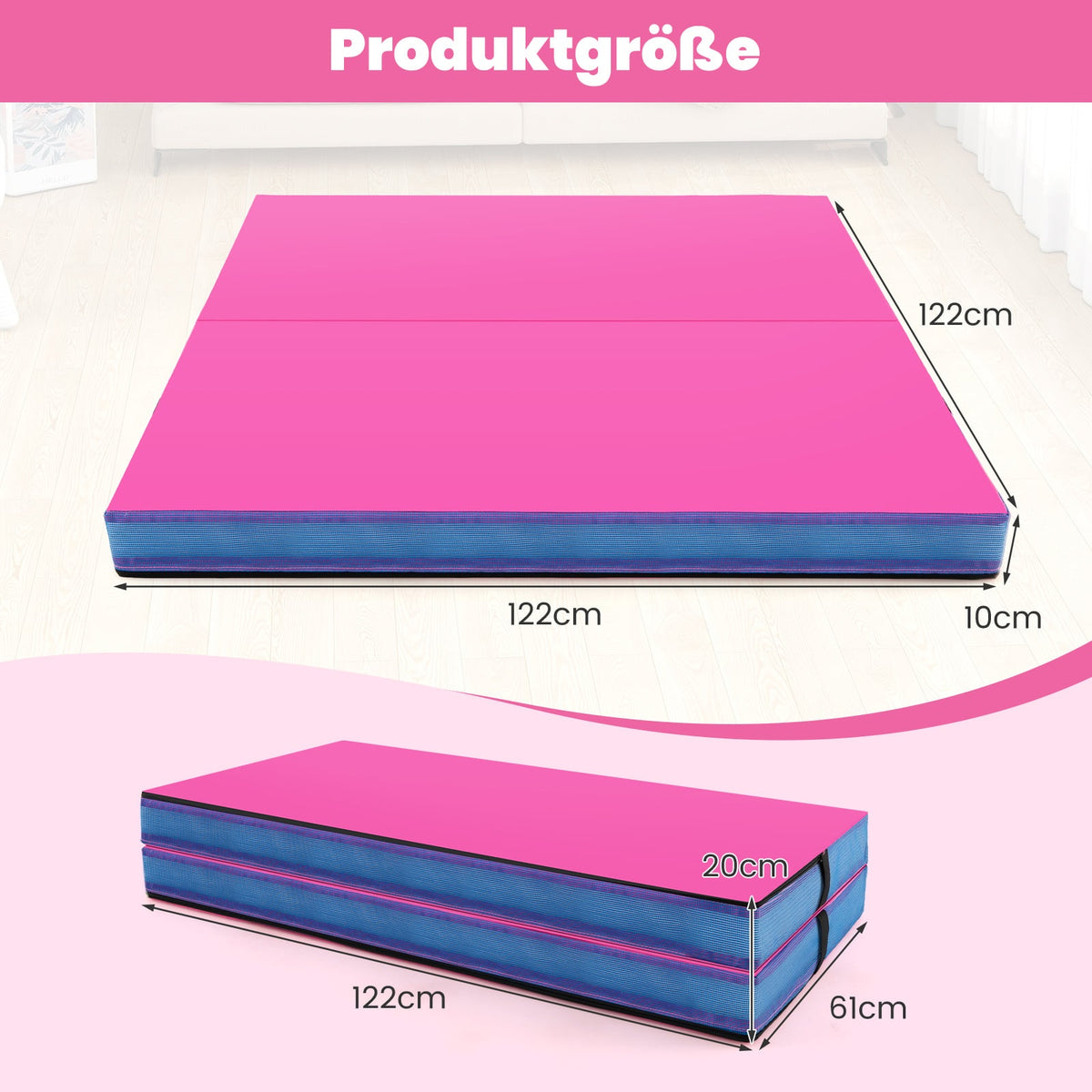 Folding Gymnastics Mat, 122x122x10 cm, Pink, EPE Foam