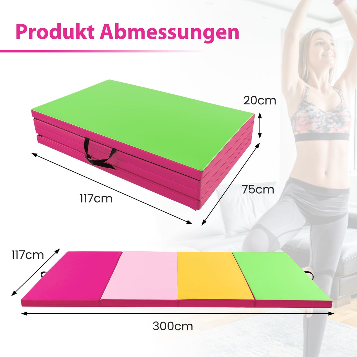 Folding Gymnastics Mat, 300x117x5cm, Pink/Green