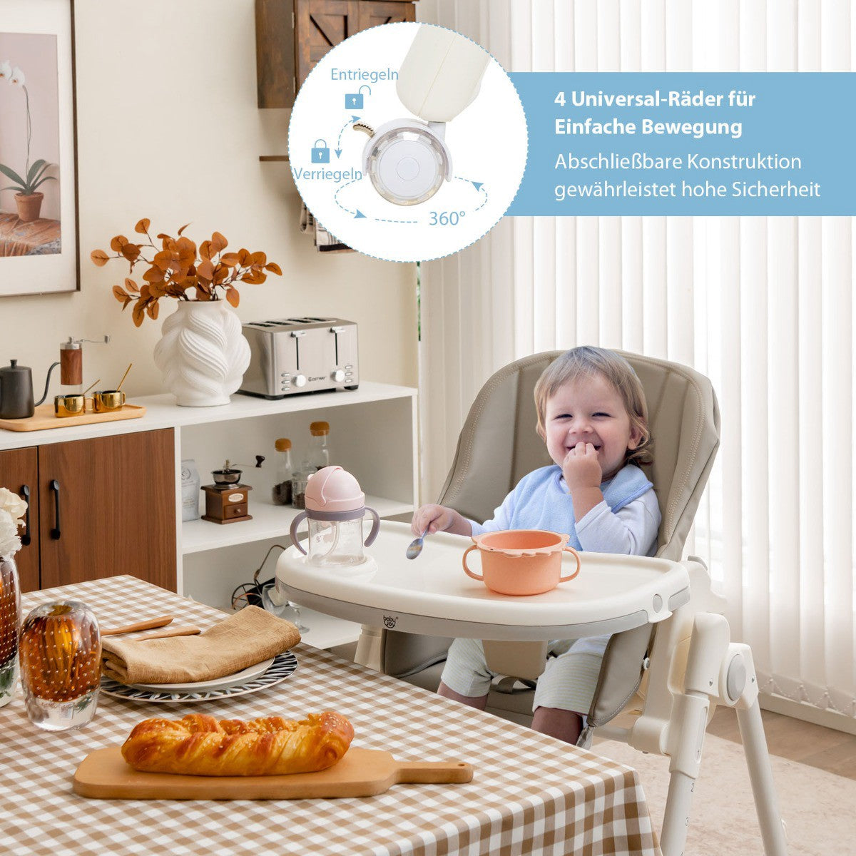 Folding High Chair, 6-Level Height, Recline, 360 Wheels