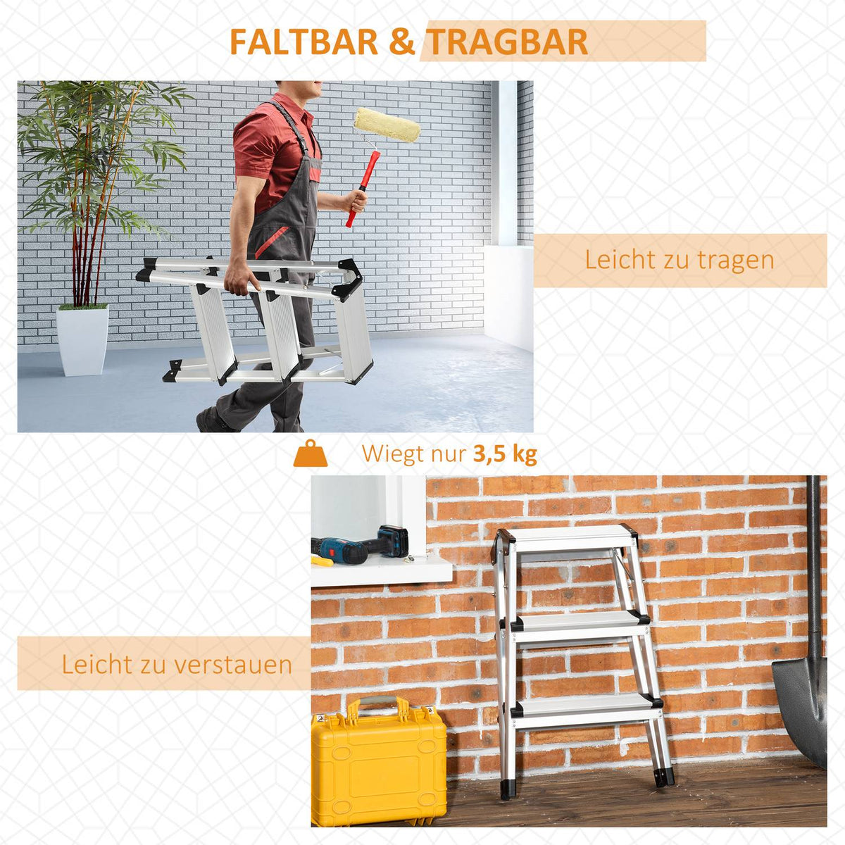 Folding Ladder Space-Saving, 3 Steps, Aluminum, With Non-Slip Feet, Up To 150Kg, 44X62.5X60.5Cm
