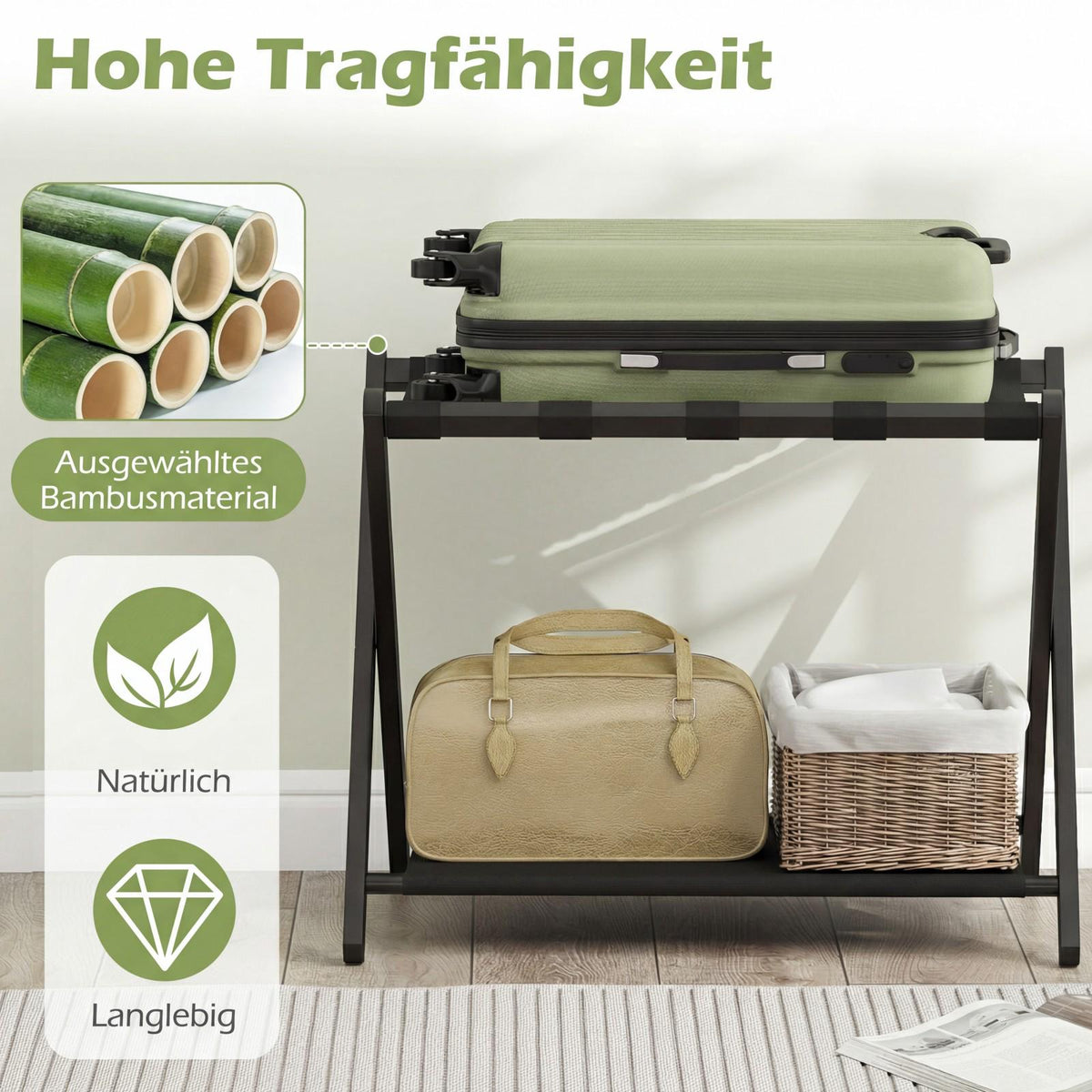 Folding Luggage Stand Set, Bamboo, Dual Storage, Black