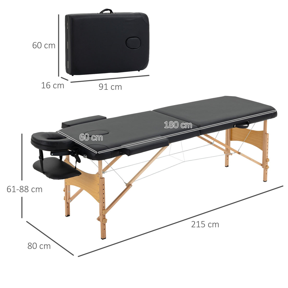 Folding Massage Table, Portable Massage Table With Headrest, Height Adjustable, Faux Leather & Wood, Black