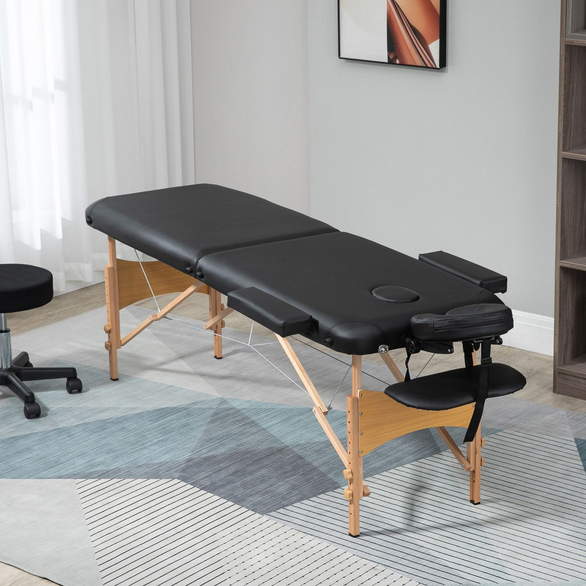 Folding Massage Table, Portable Massage Table With Headrest, Height Adjustable, Faux Leather & Wood, Black