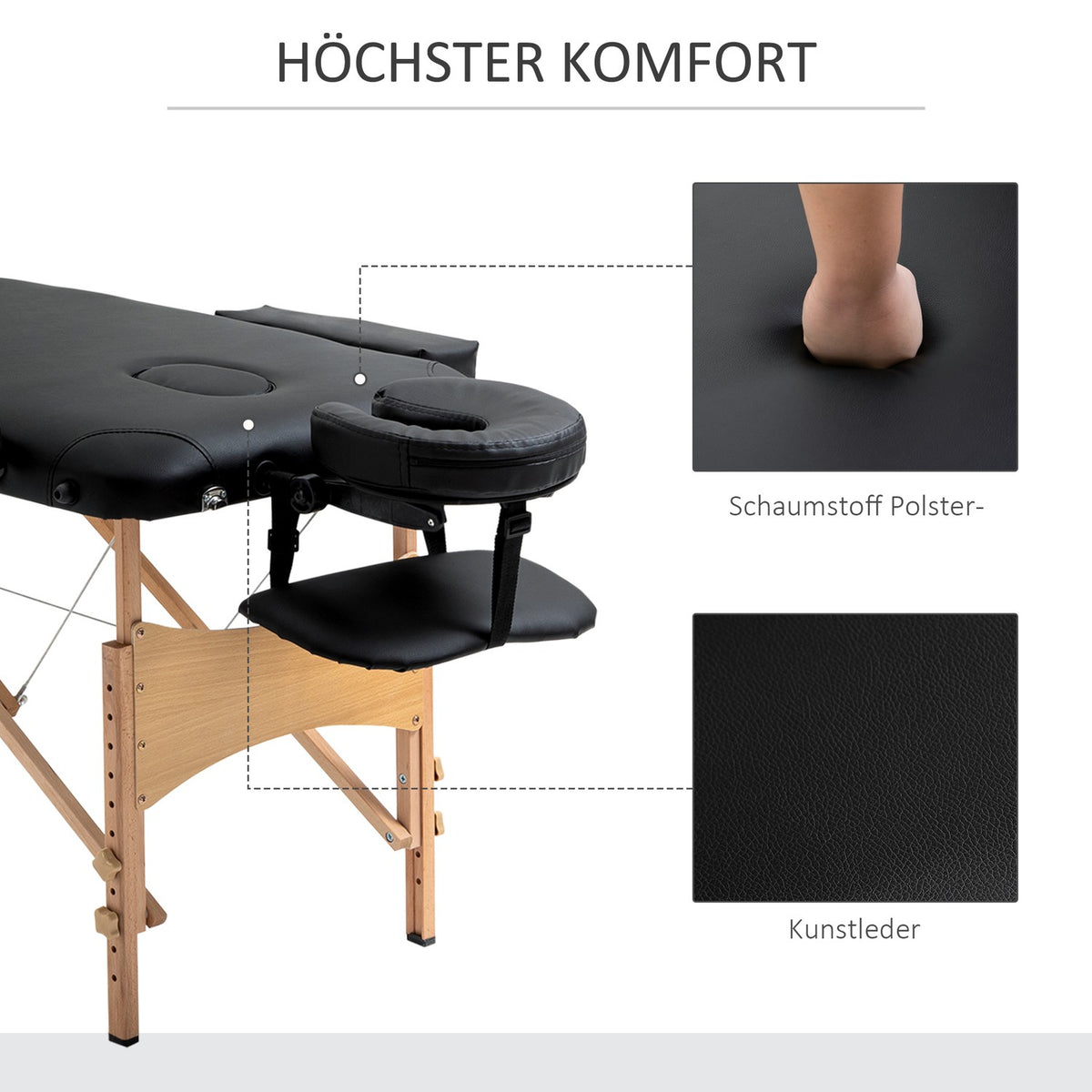 Folding Massage Table, Portable Massage Table With Headrest, Height Adjustable, Faux Leather & Wood, Black