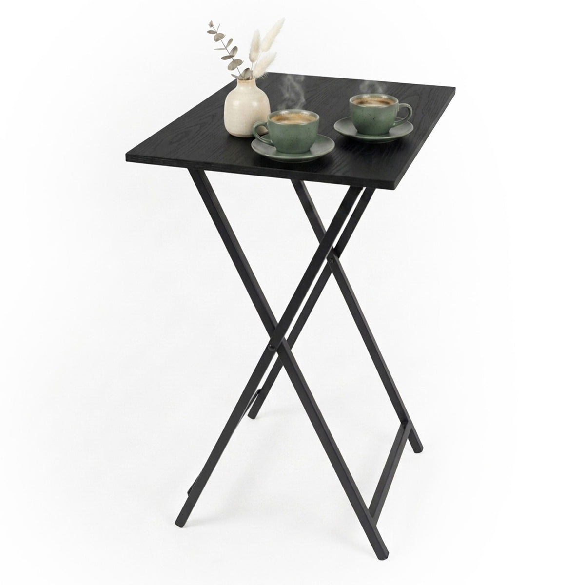 Folding Metal Side Table with Wood-Effect Top, Black