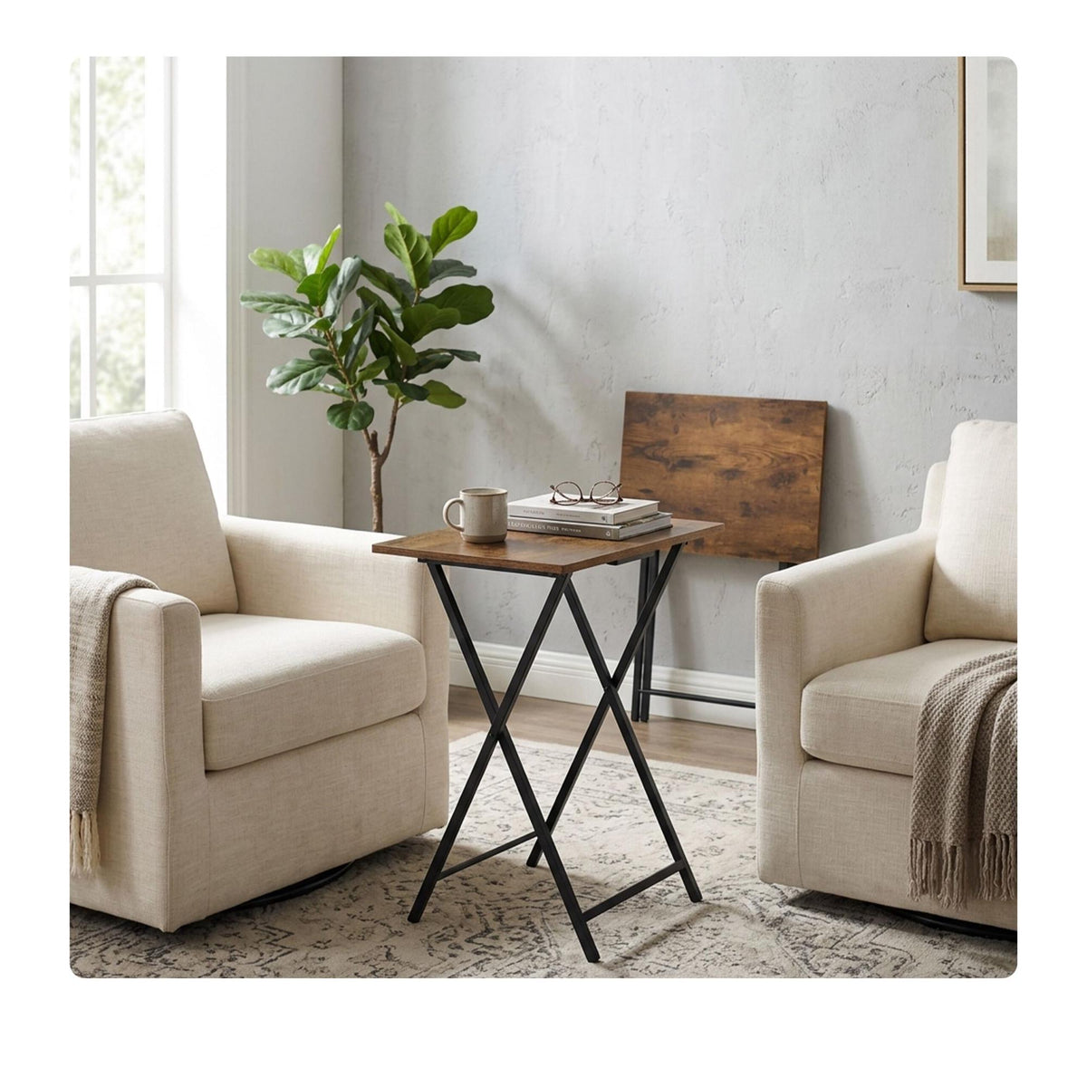 Folding Metal Table with Wood-Effect Top, 66.5×48×36 cm