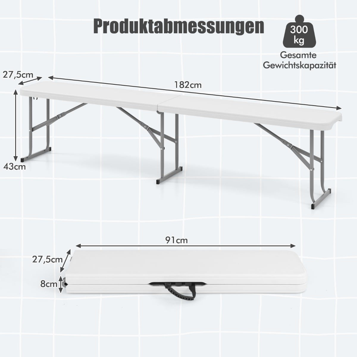 Folding Outdoor Bench, 182 cm, White, Portable & Durable