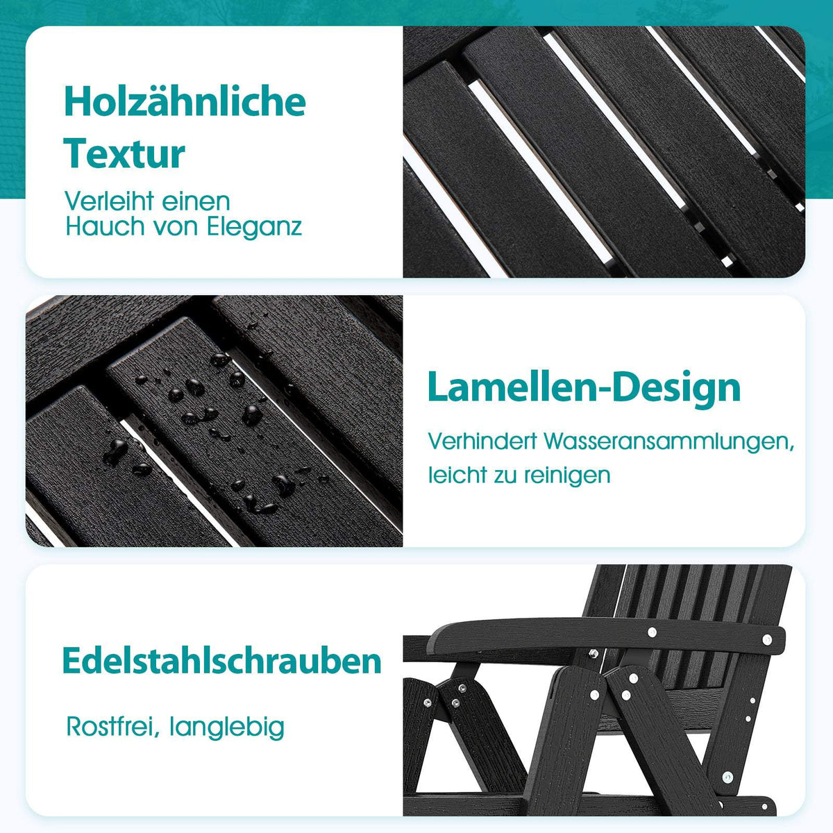 Folding Outdoor Chair, Black HDPE, 150kg Capacity