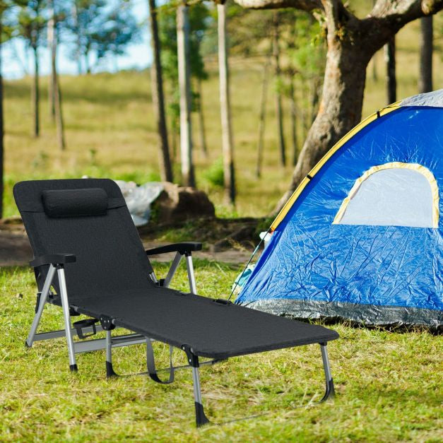 Folding Outdoor Chaise Lounger – Pillow, Cup Holder, Black