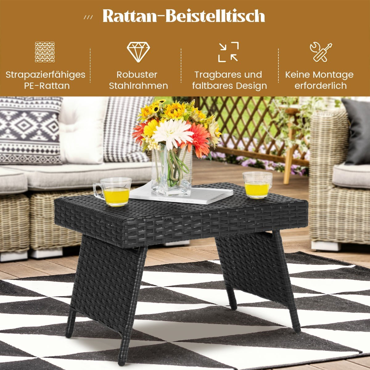 Folding Outdoor Coffee Table, Black, Weatherproof Rattan