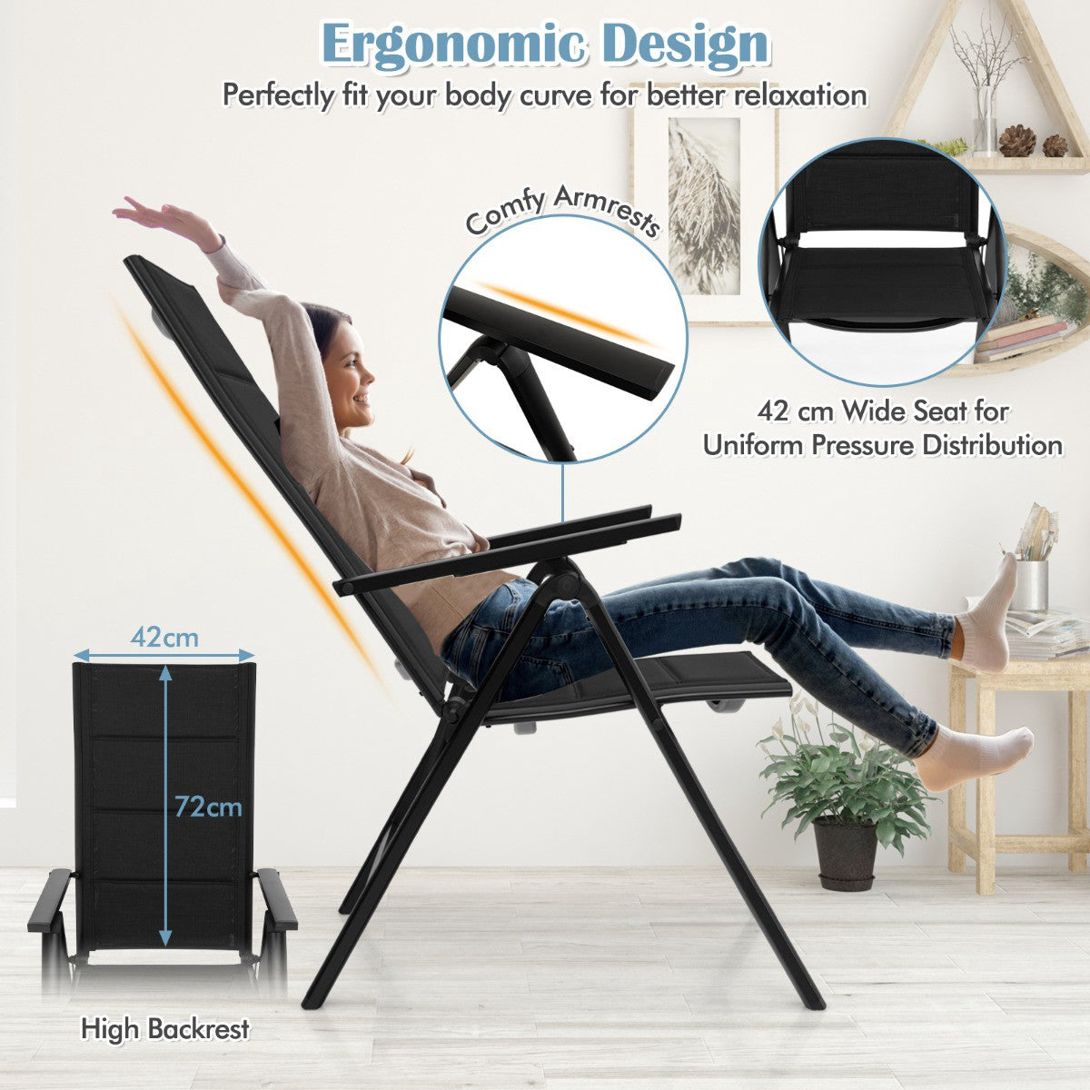 Folding Outdoor Dining Chair, Padded Seat, 7-Position Back, Black