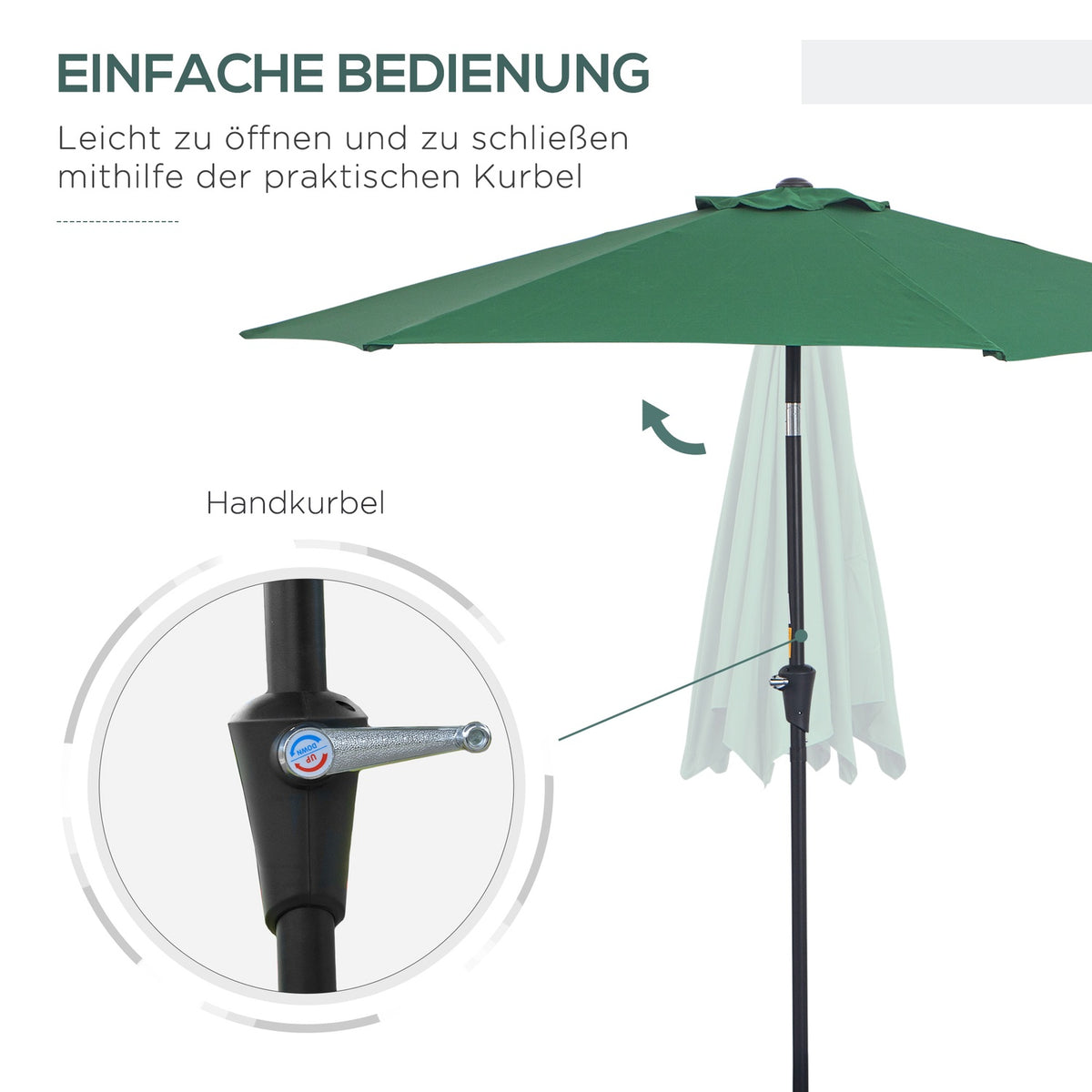 Folding Parasol Garden Umbrella Market Umbrella With Hand Crank Aluminum 180/㎡ Polyester Dark Green ∅2.7 X 2.35 M