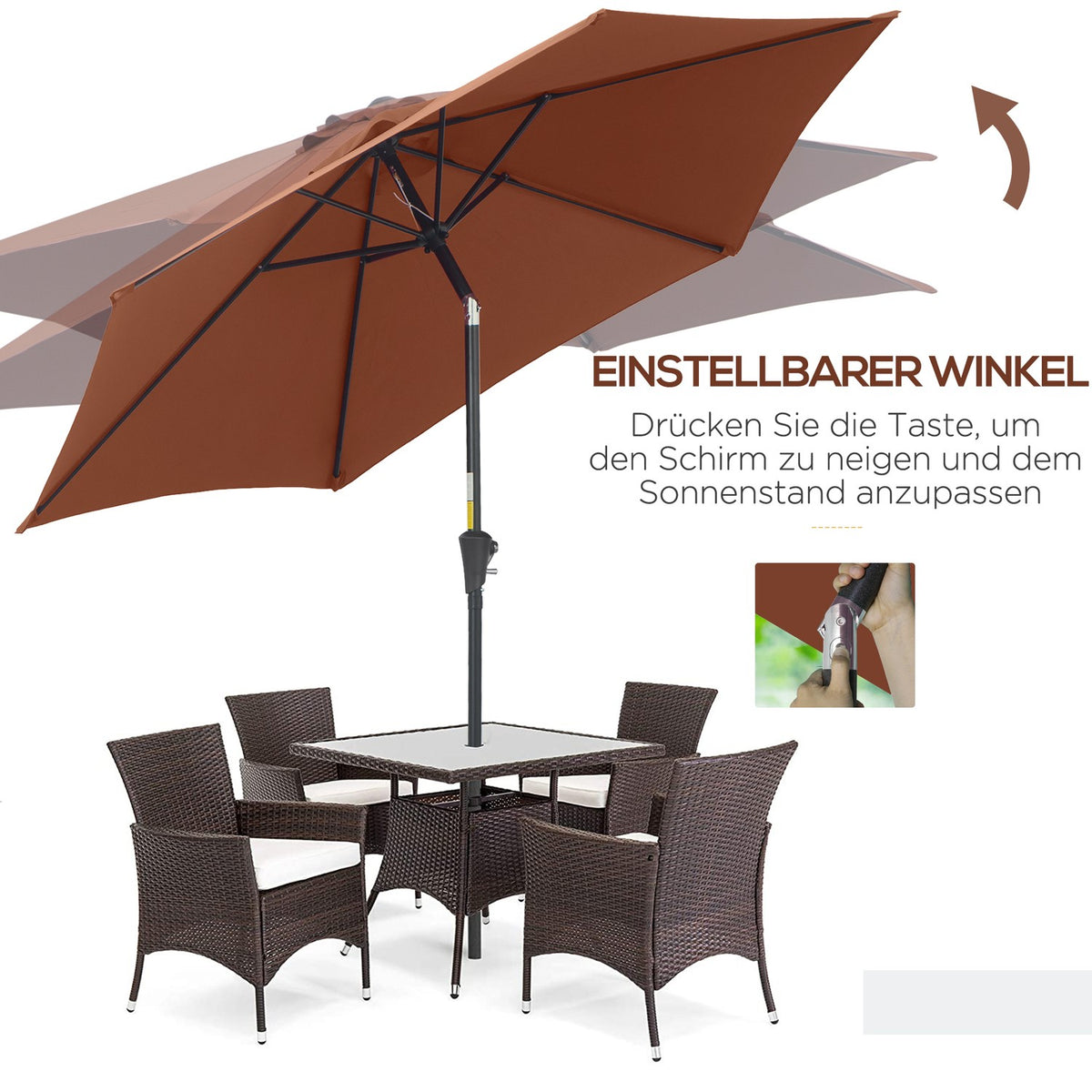 Folding Parasol With Hand Crank, Aluminum, 180/㎡ Polyester, Brown, ∅2.7 X 2.35 M