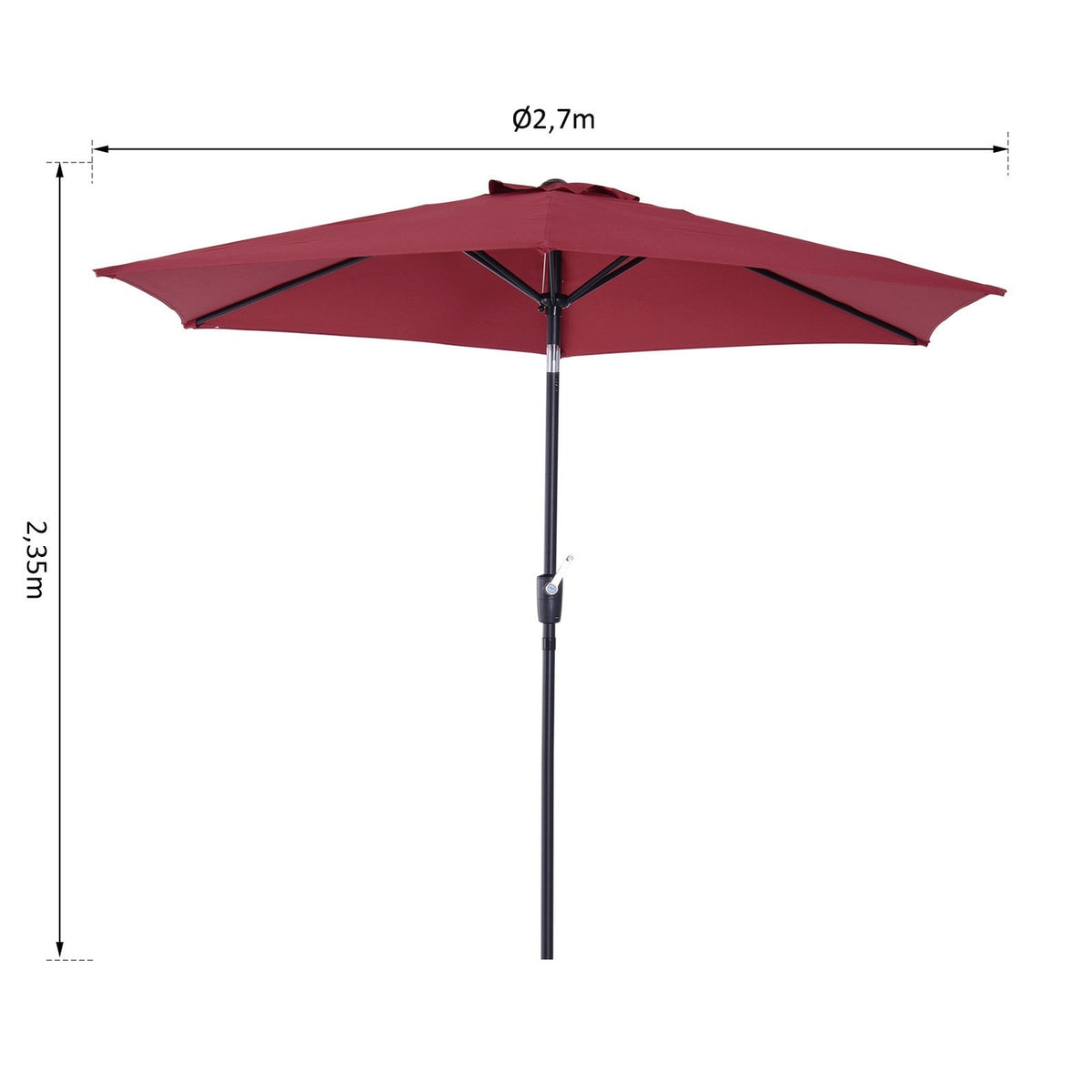 Folding Parasol With Hand Crank, Aluminum, 180/㎡ Polyester, Red, ∅2.7 X 2.35 M