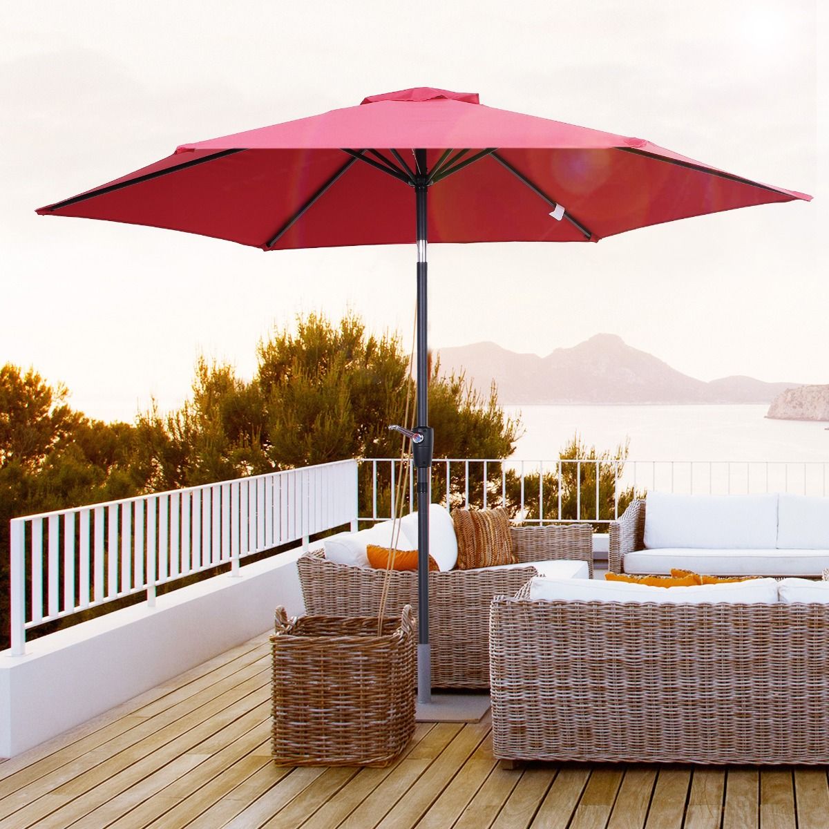 Folding Parasol With Hand Crank, Aluminum, 180/㎡ Polyester, Red, ∅2.7 X 2.35 M