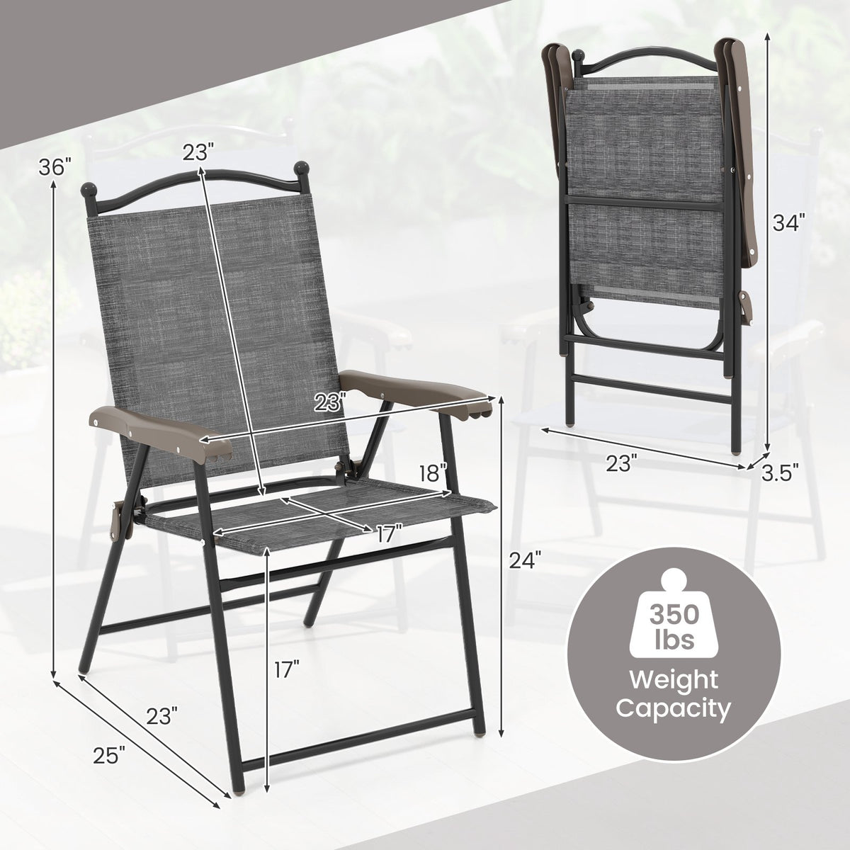 Folding Patio Chairs Set of 2 with Armrests, Gray