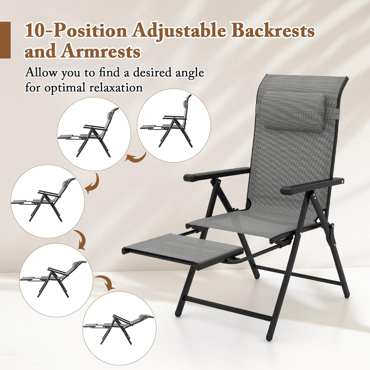 Folding Patio Lounge Chairs, Set of 2, Adjustable Footrest, Grey