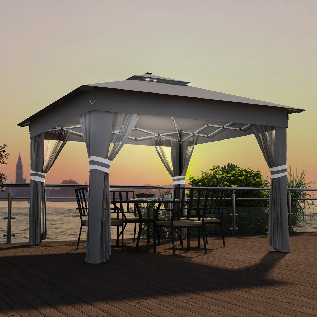 Folding Pavilion Approx. 3 X 3 M, Pavilion With Led, 4 Mesh Curtains, Side Wall, Garden Pavilion With Water Bag, Double Roof, Carrying Bag, Dark Gray