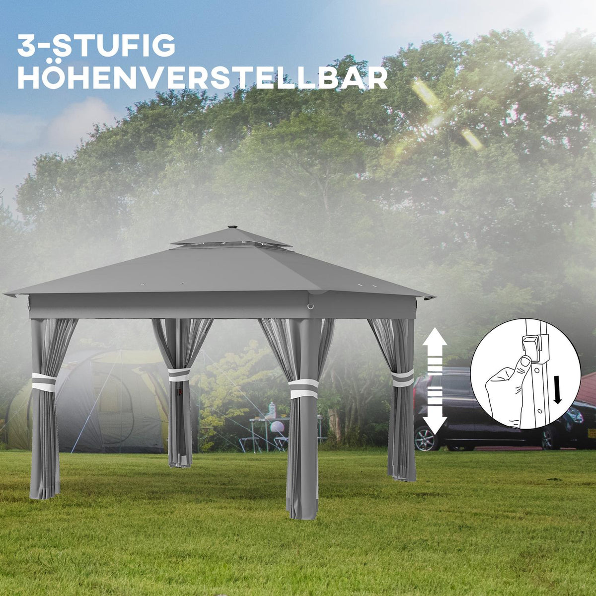 Folding Pavilion Approx. 3 X 3 M, Pavilion With Led, 4 Mesh Curtains, Side Wall, Garden Pavilion With Water Bag, Double Roof, Carrying Bag, Dark Gray