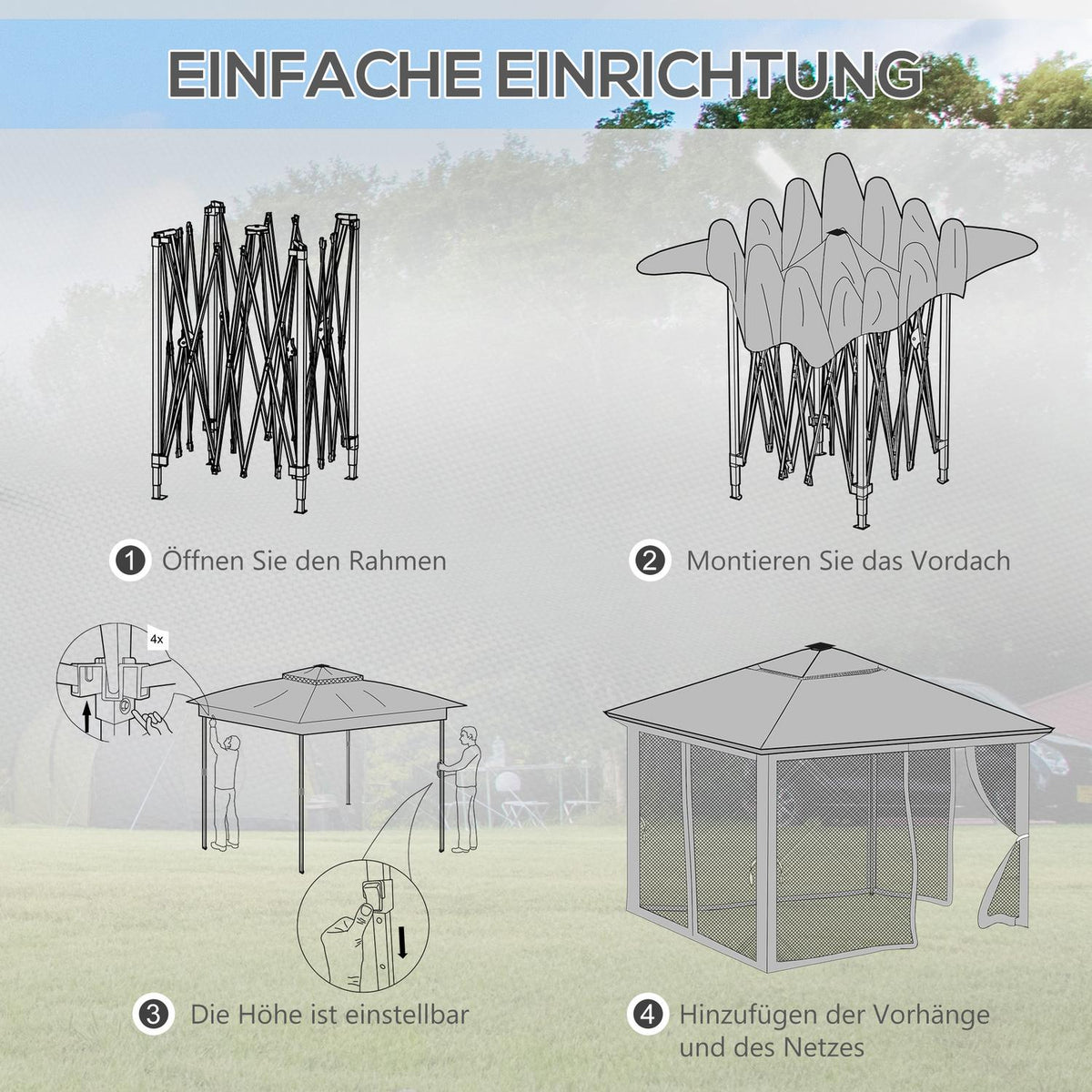 Folding Pavilion Approx. 3 X 3 M, Pavilion With Led, 4 Mesh Curtains, Side Wall, Garden Pavilion With Water Bag, Double Roof, Carrying Bag, Dark Gray