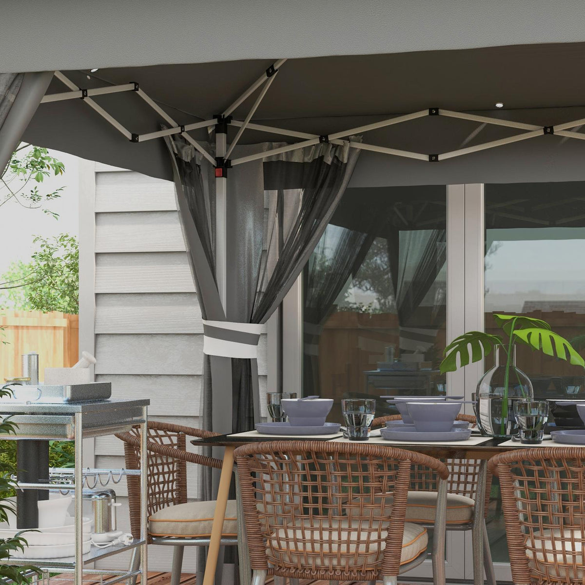 Folding Pavilion Approx. 3 X 3 M, Pavilion With Led, 4 Mesh Curtains, Side Wall, Garden Pavilion With Water Bag, Double Roof, Carrying Bag, Dark Gray