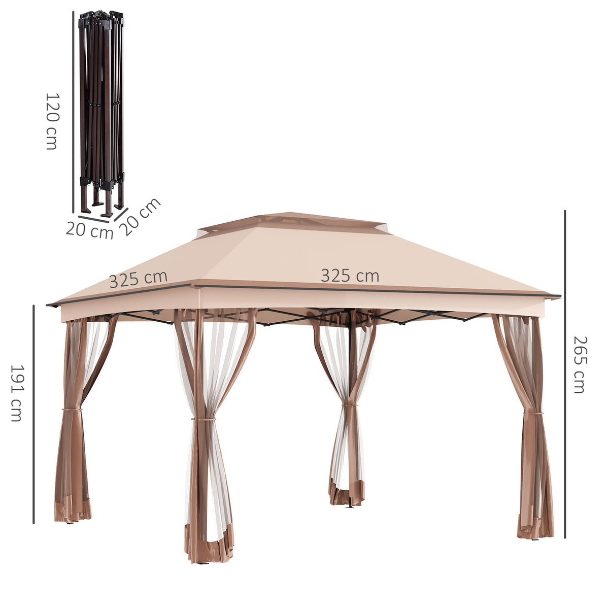 Folding Pavilion Garden Tent 3.25X3.25X2.65M Side Walls Pop-Up Tent Khaki