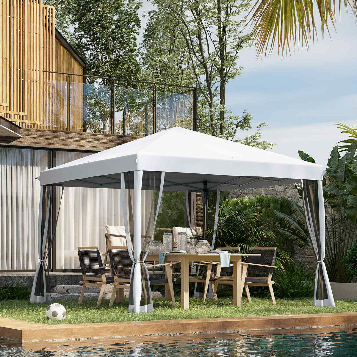 Folding Pavilion Gazebo Folding Tent With Side Walls Incl. Carrying Bag Metal + Oxford Cream White 3X3M