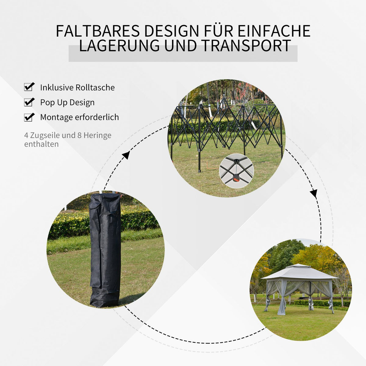 Folding Pavilion Pop-Up Tent Garden Pavilion Incl. Roll Bag Steel+Oxford+Mesh Gray 3.64X3.64X2.94M