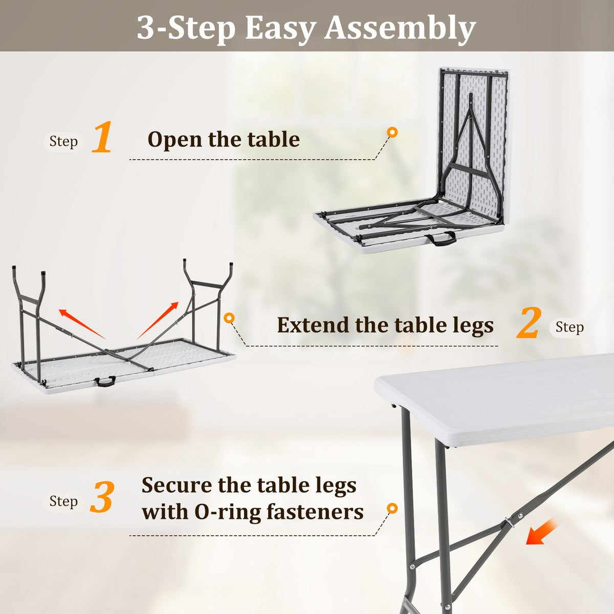 Folding Picnic Table 5 ft, HDPE Wood Grain Top, Non-Slip Feet