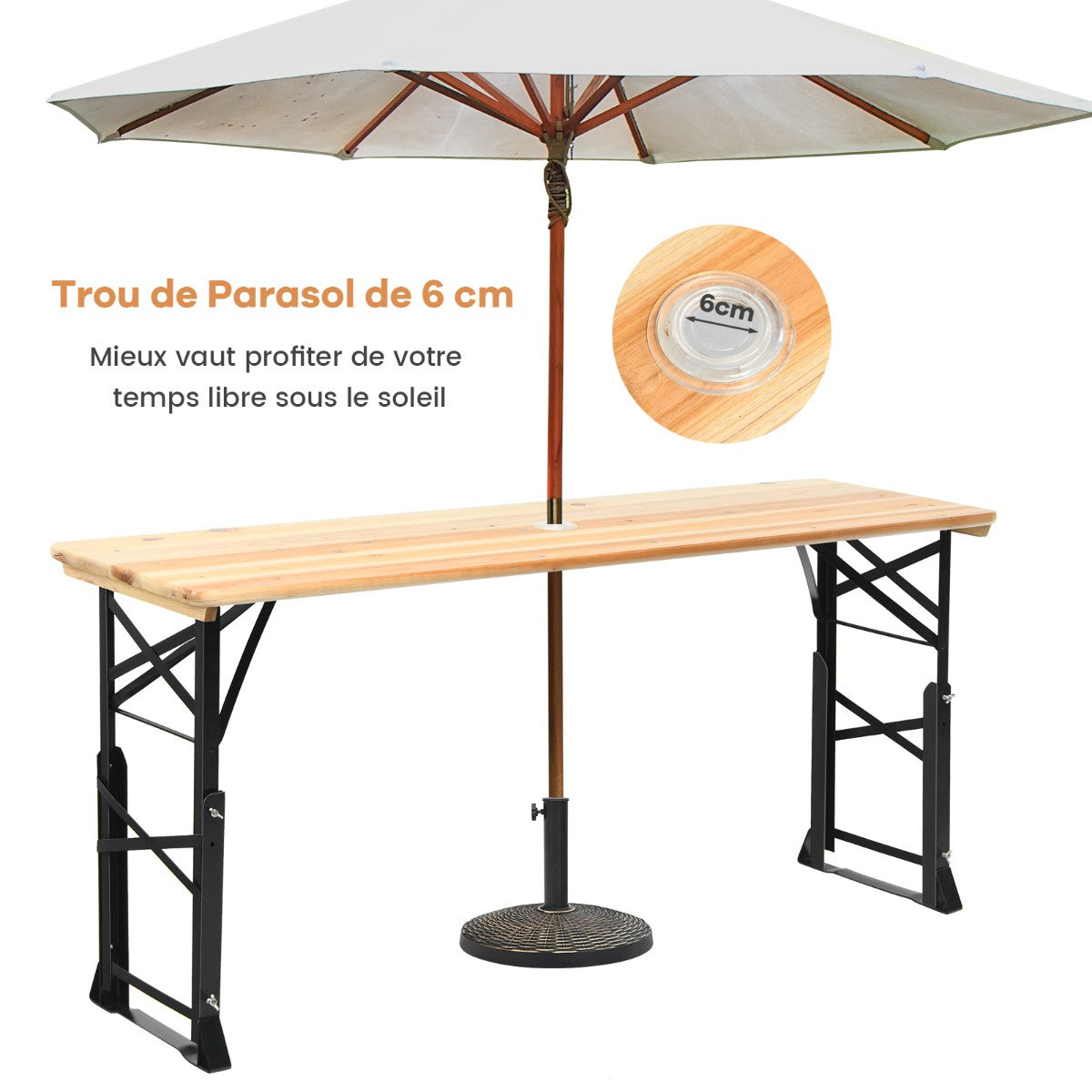 Folding Picnic Table, Wood, Adjustable Height, Umbrella Hole