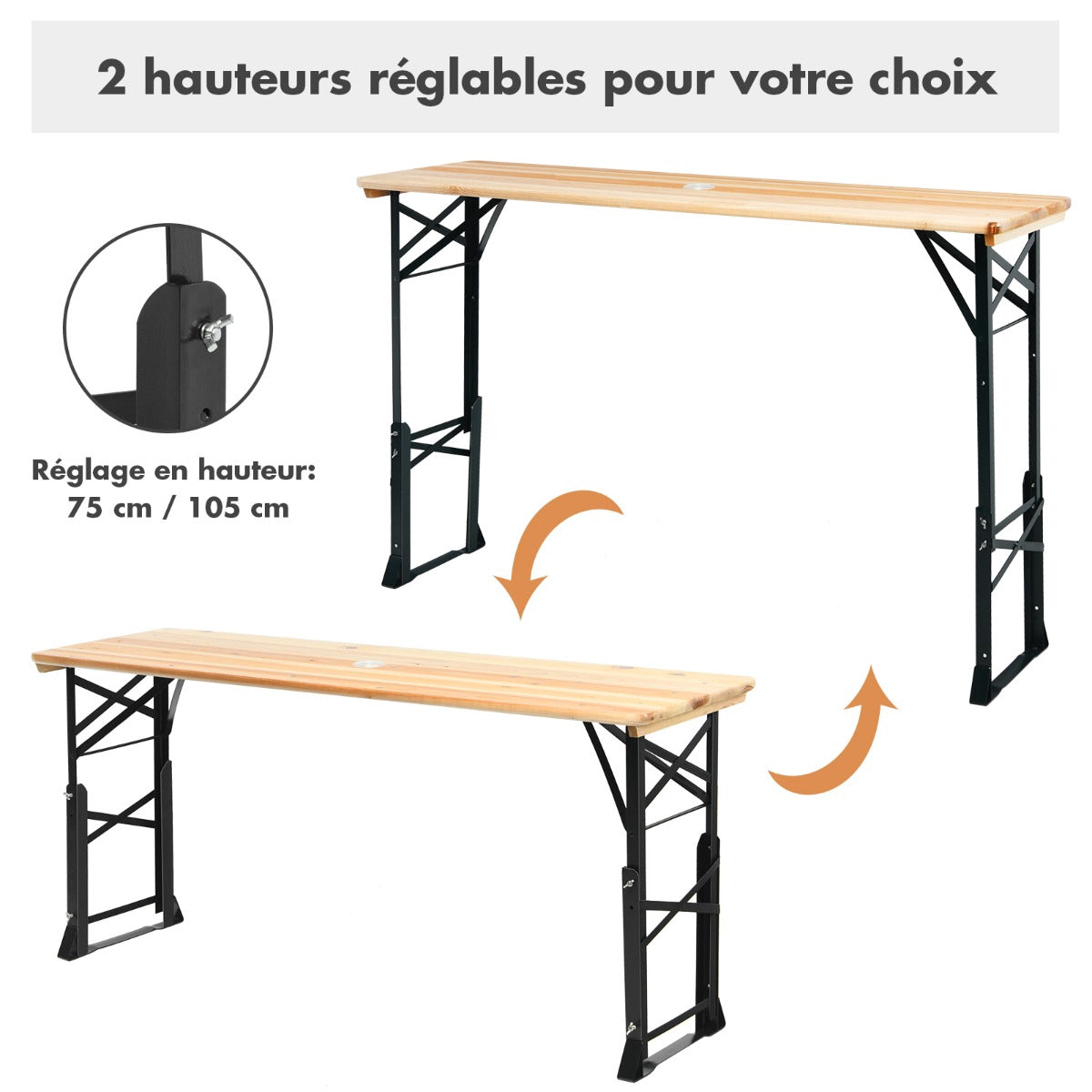 Folding Picnic Table, Wood, Adjustable Height, Umbrella Hole