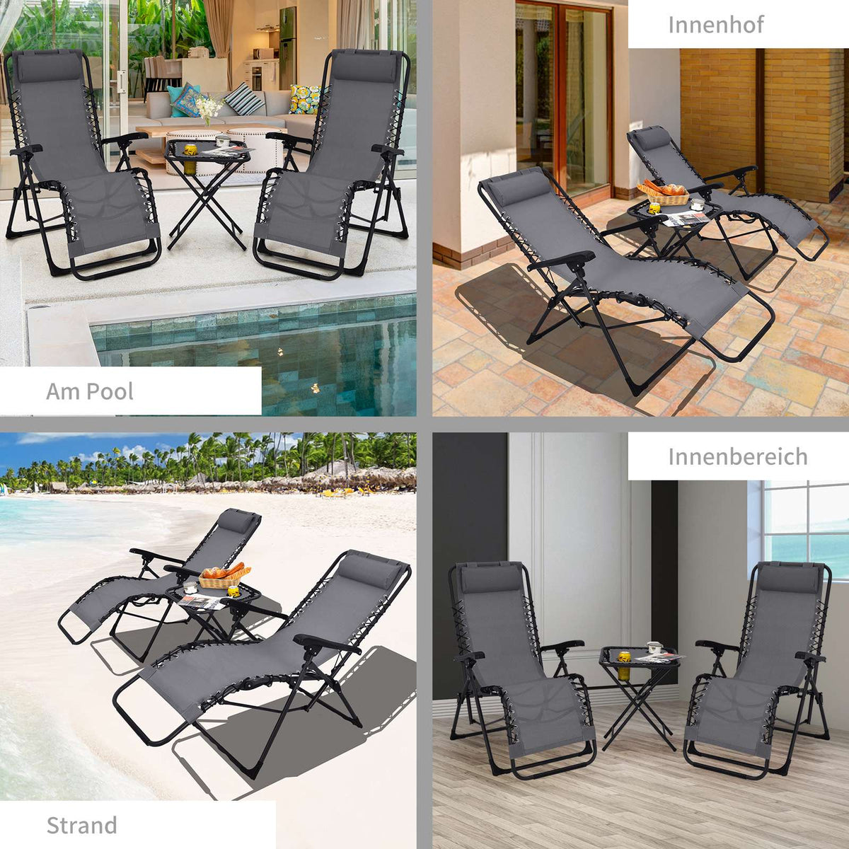 Folding Reclining Patio Chair Set, 2 Chairs and Table