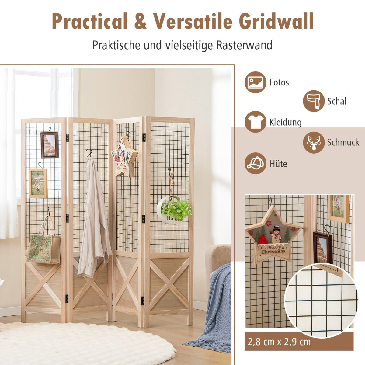 Folding Room Divider, 151x144 cm, 4-Panel Wood Screen