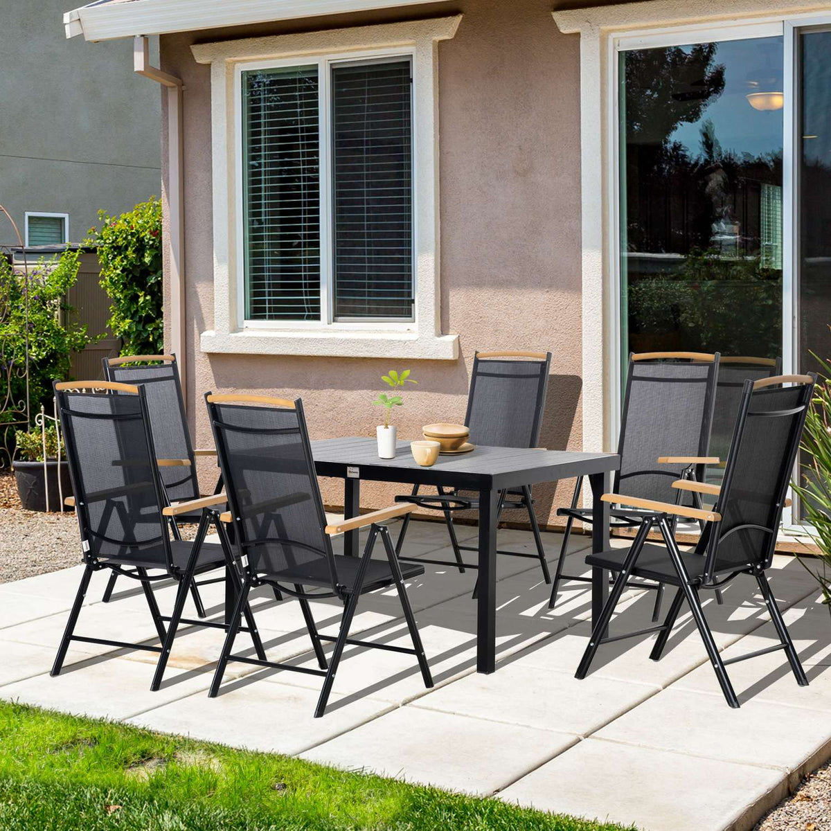 Folding Seating Group For 6 People Garden Furniture Set 1 Table + 6 Chairs Seating Set Aluminum Mesh Black