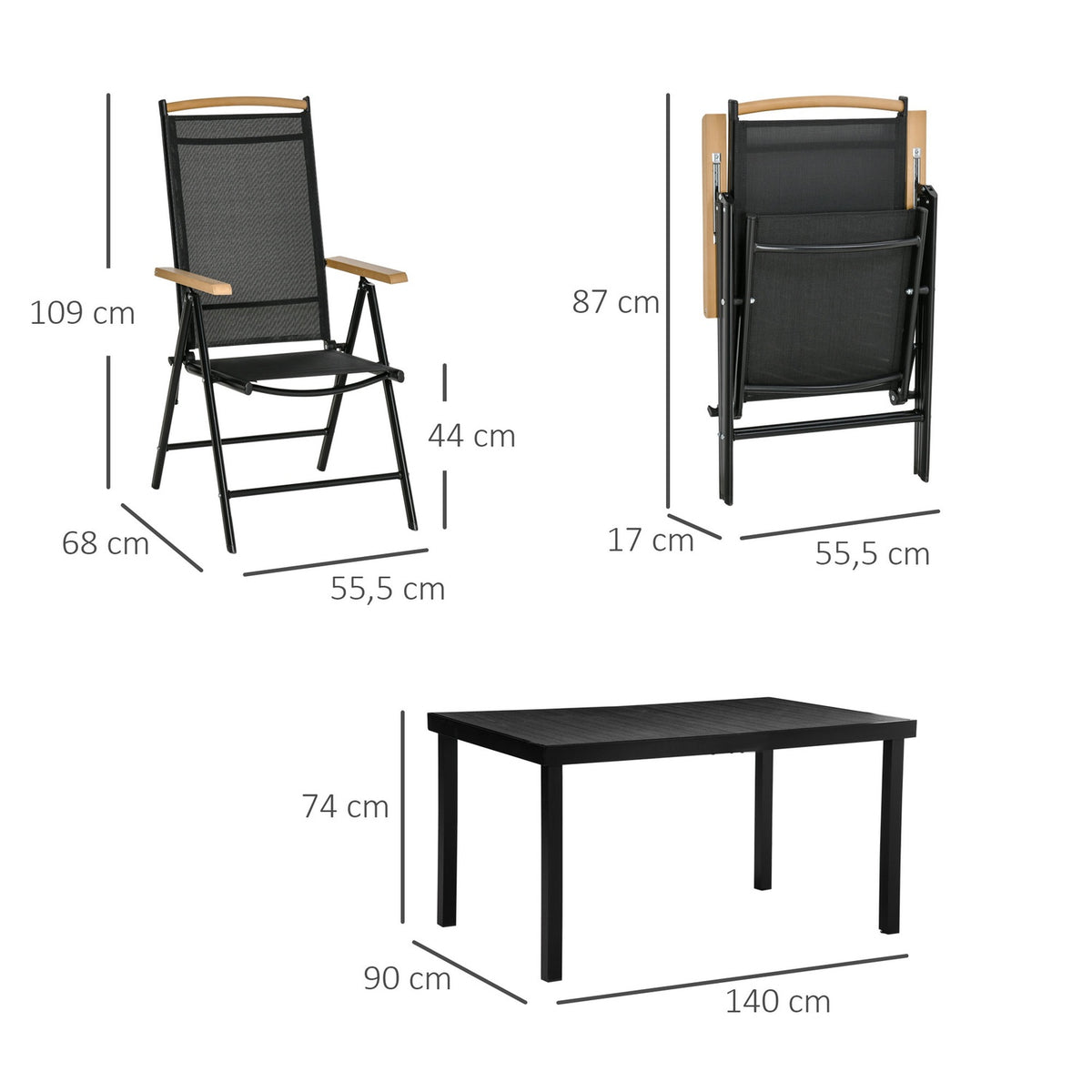 Folding Seating Group For 6 People Garden Furniture Set 1 Table + 6 Chairs Seating Set Aluminum Mesh Black