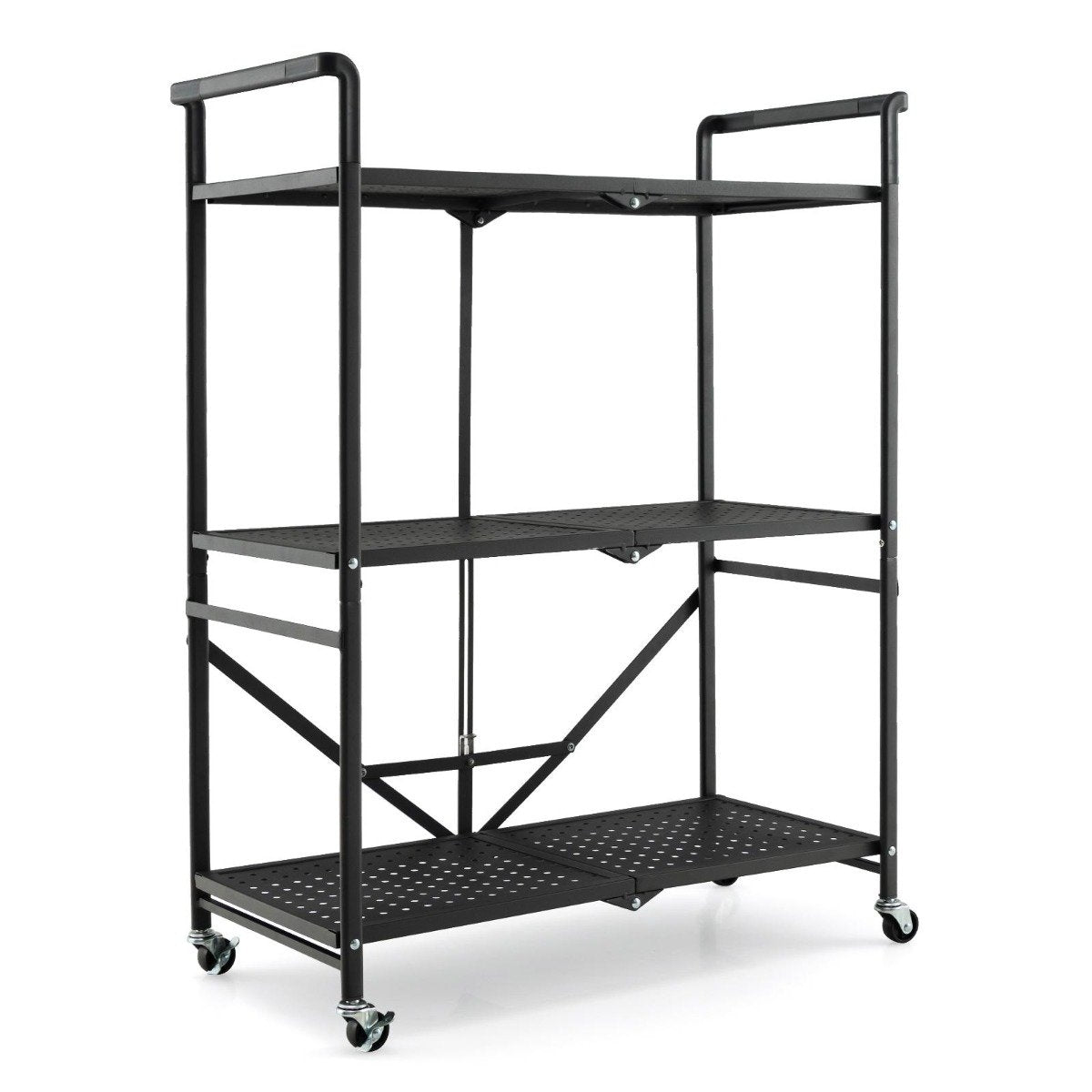 Folding Serving Trolley with 4 Wheels 3 Tier Metal Shelf for Kitchen Office Black