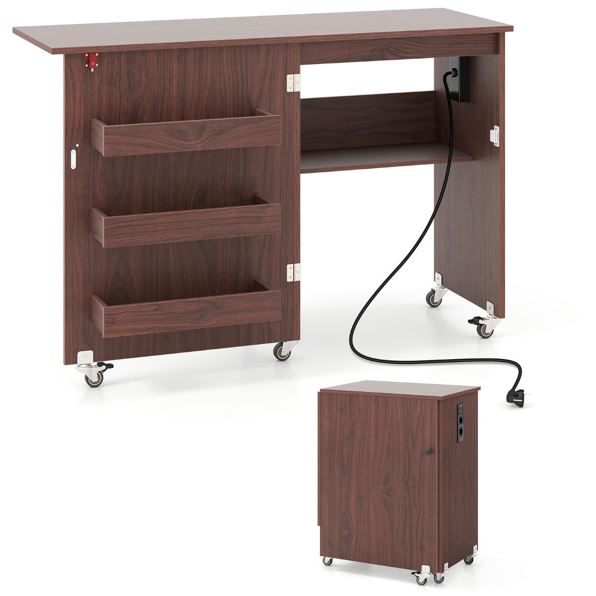 Folding Sewing Table with Charging Station, Storage Cart