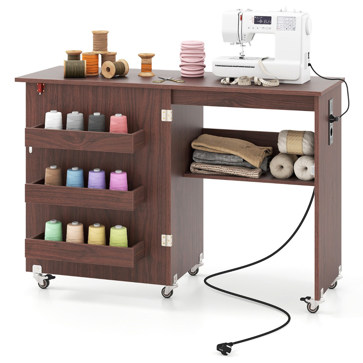 Folding Sewing Table with Charging Station, Storage Cart