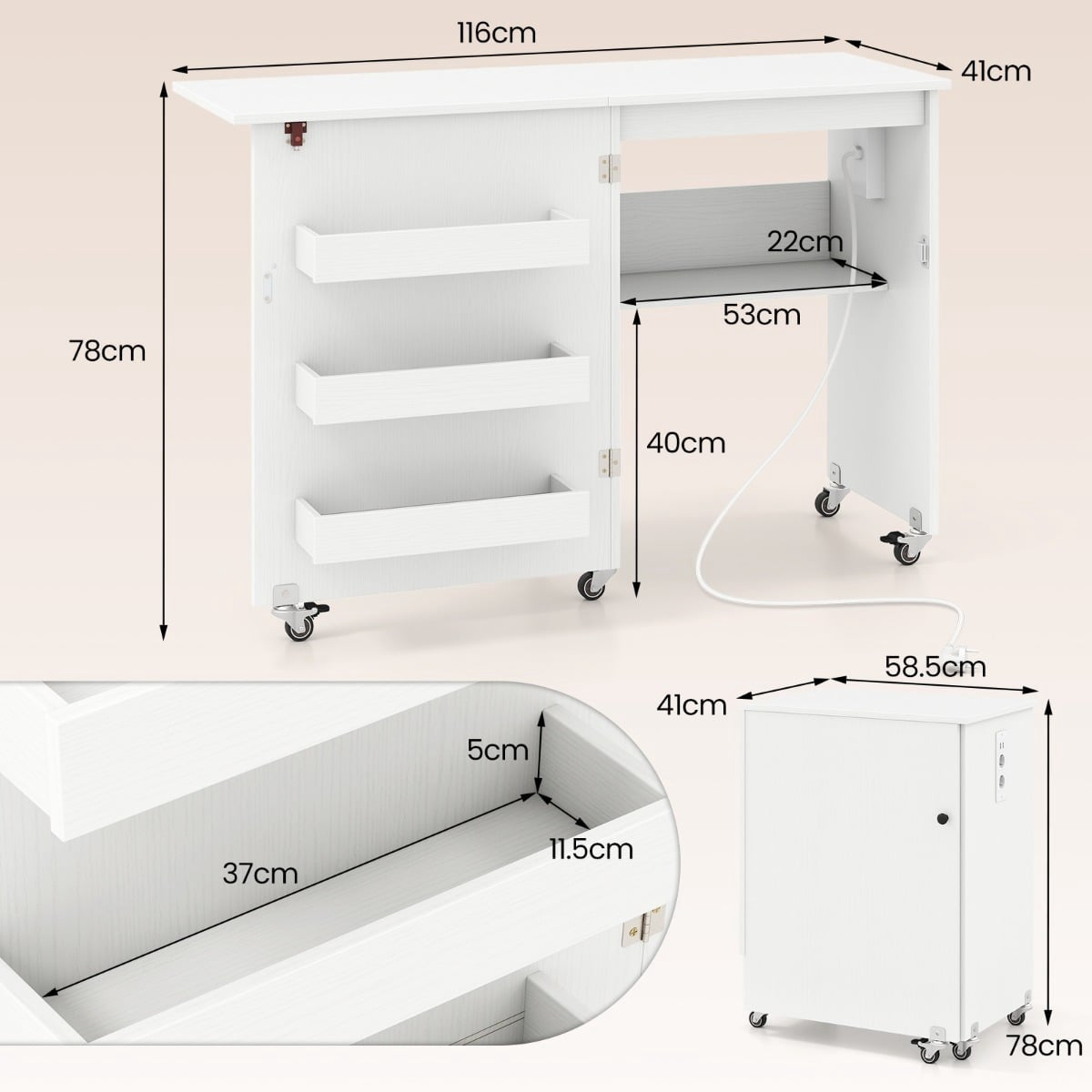 Folding Sewing Table with Charging Station, White, Storage & Wheels