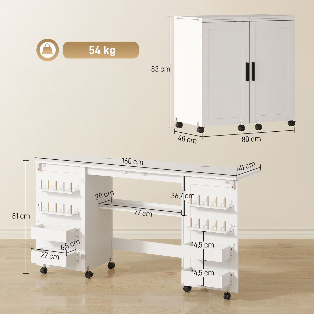 Folding Sewing Table with Storage, White – Magnetic Doors