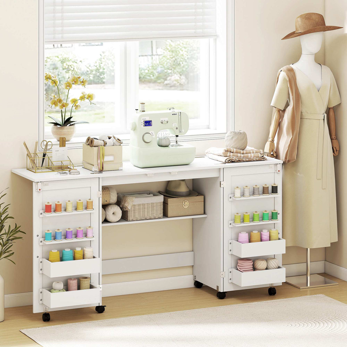 Folding Sewing Table with Storage, White – Magnetic Doors