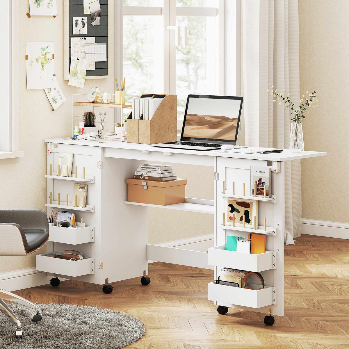 Folding Sewing Table with Storage, White – Magnetic Doors