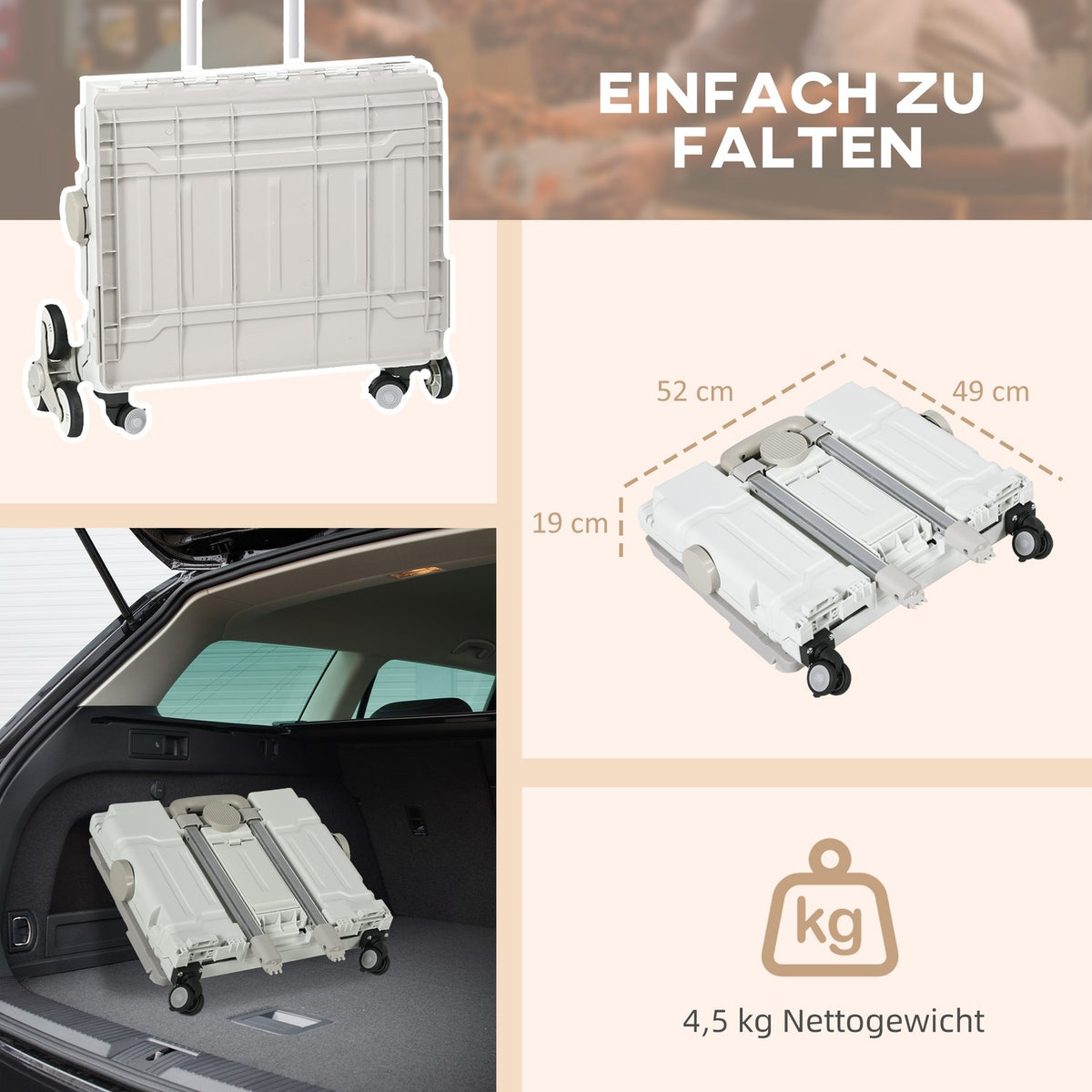 Folding Shopping Trolley, Adjustable Telescopic Handle, Stair Climber With Lid, Up To 80 Kg, White
