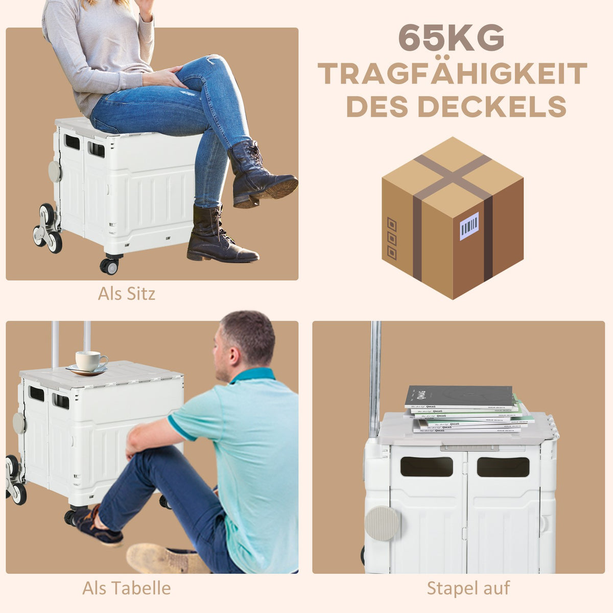Folding Shopping Trolley, Adjustable Telescopic Handle, Stair Climber With Lid, Up To 80 Kg, White