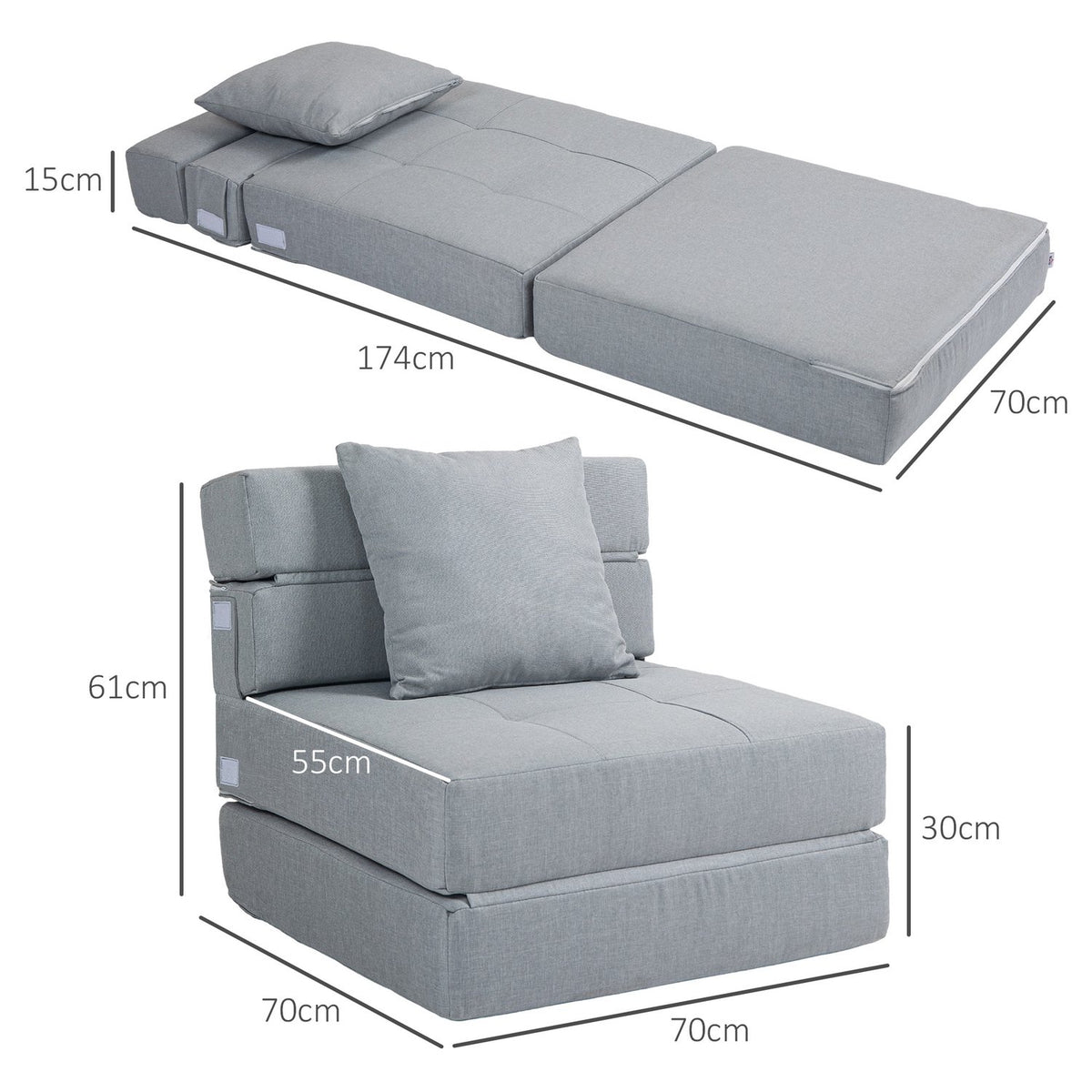 Folding Sleeping Chair, Sofa Bed, 2-In-1 Folding Chair With Bed Function, Relaxation Chair With Pillows, Guest Bed For Living Room, Bedroom, Load Capacity Up To 100 Kg, Light Gray