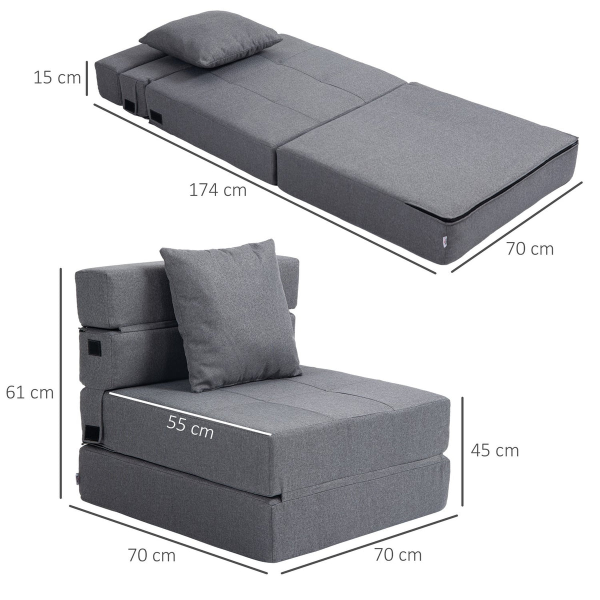 Folding Sleeping Chair, Sofa Bed, 2-In-1 Folding Chair With Bed Function, Relaxation Chair With Pillows, Guest Bed, Load Capacity Up To 100 Kg, Dark Gray