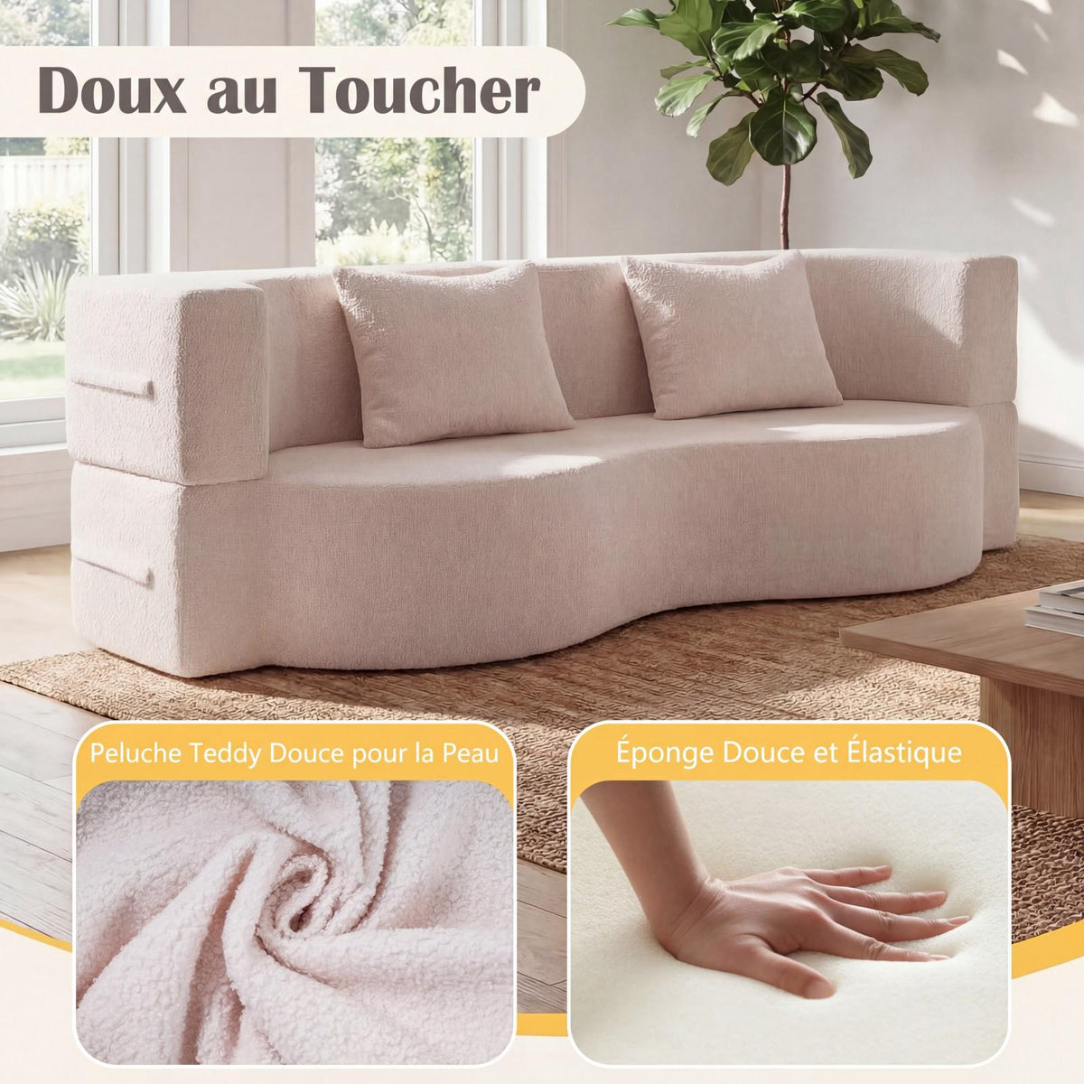 Folding Sofa Bed 192.5 cm, Teddy Fleece, 2 Cushions