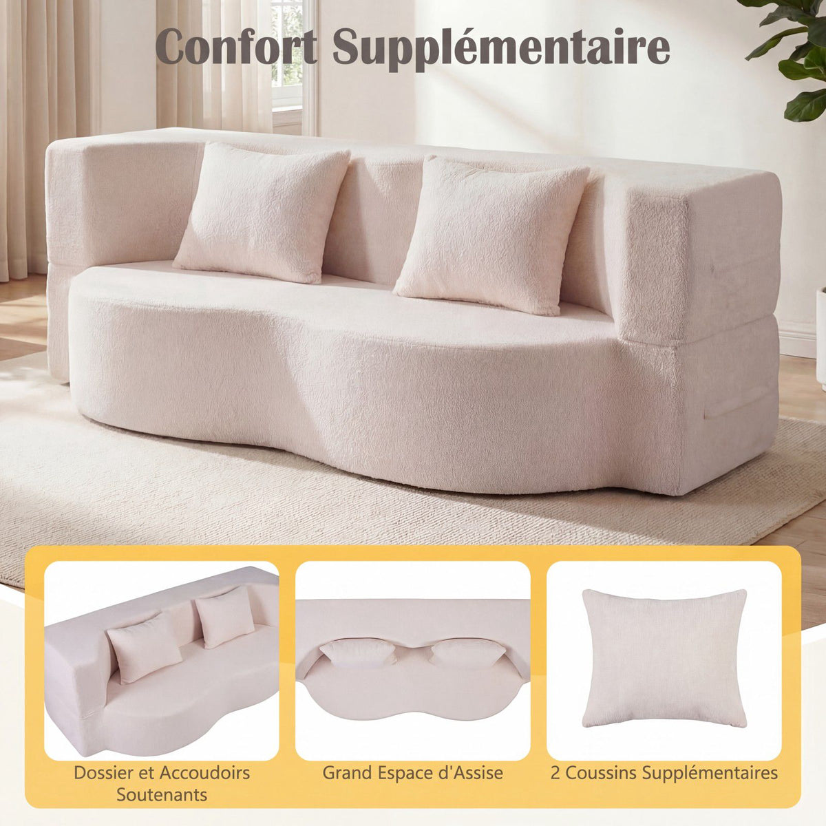 Folding Sofa Bed 192.5 cm, Teddy Fleece, 2 Cushions