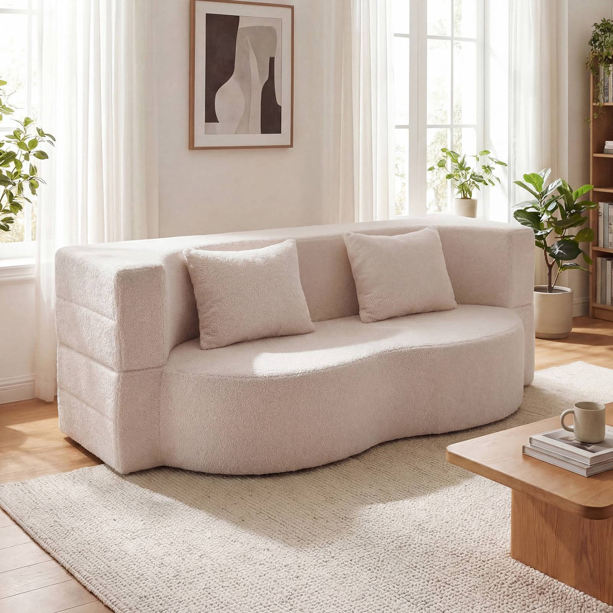 Folding Sofa Bed 192.5 cm, Teddy Fleece, 2 Cushions